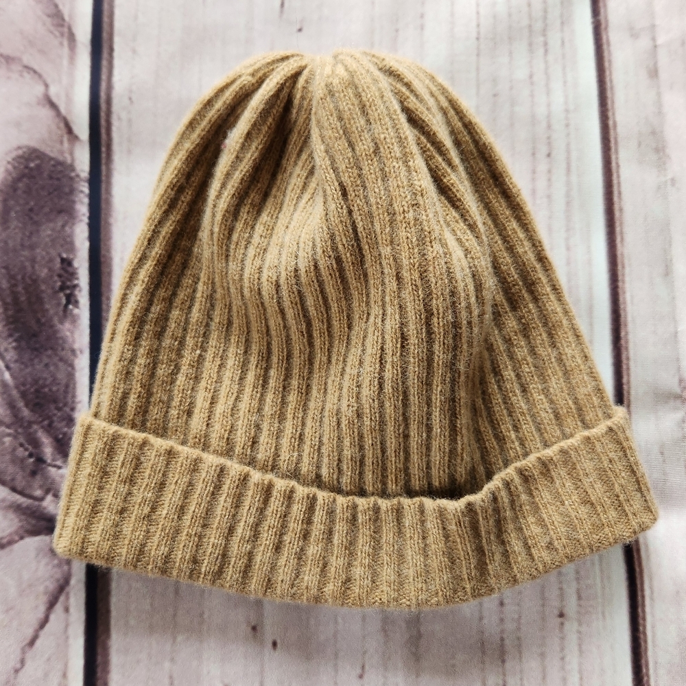 Italian Knit Wool Blend Cuffed Beanie Hat Unisex Tan Brown Neutral